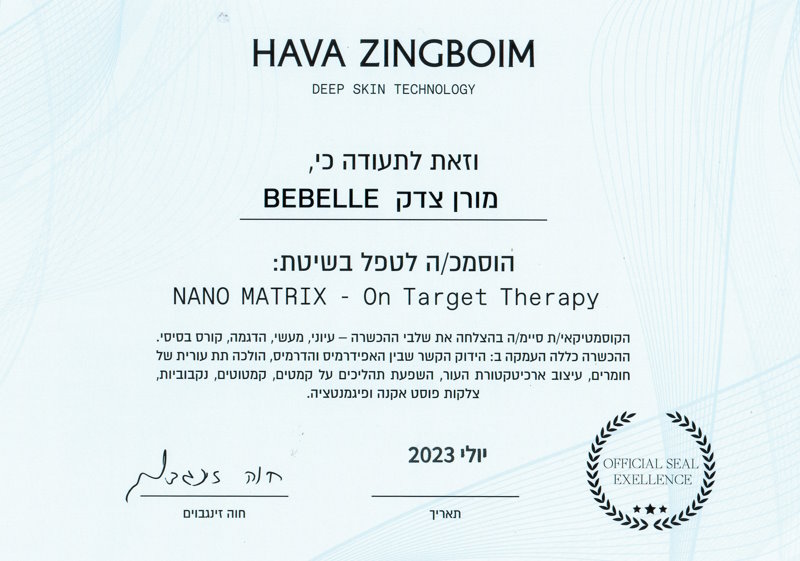 תעודת הסמכה לטיפול ננו מטריקס nano matrix מורן צדק