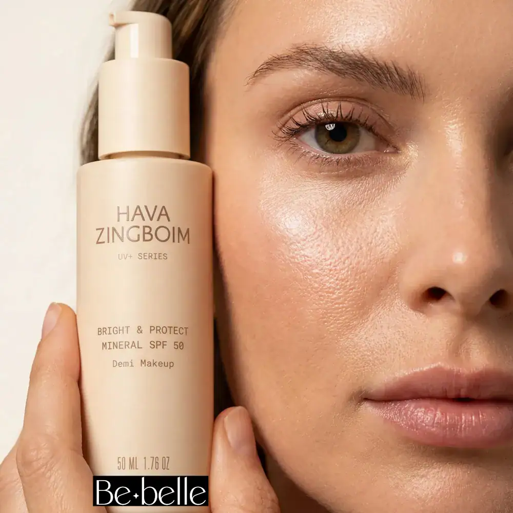 תמונת תקריב פנים וקרם הגנה מינרלי spf-50 ברייט פרוטקט מבית חוה זינגבוים עם לוגו Bebelle