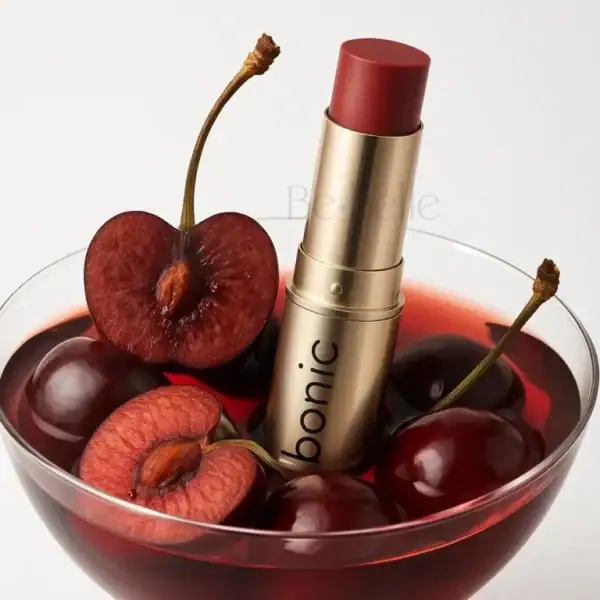 סומק קרמי בסטיק Rose Glow של BONIC מונח בכוס עם דובדבנים, מדגיש גוון אדמדם עשיר.