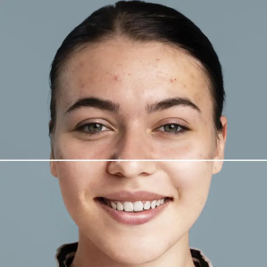 פנים של אישה צעירה לפני ואחרי טיפול בצלקות פוסט אקנה