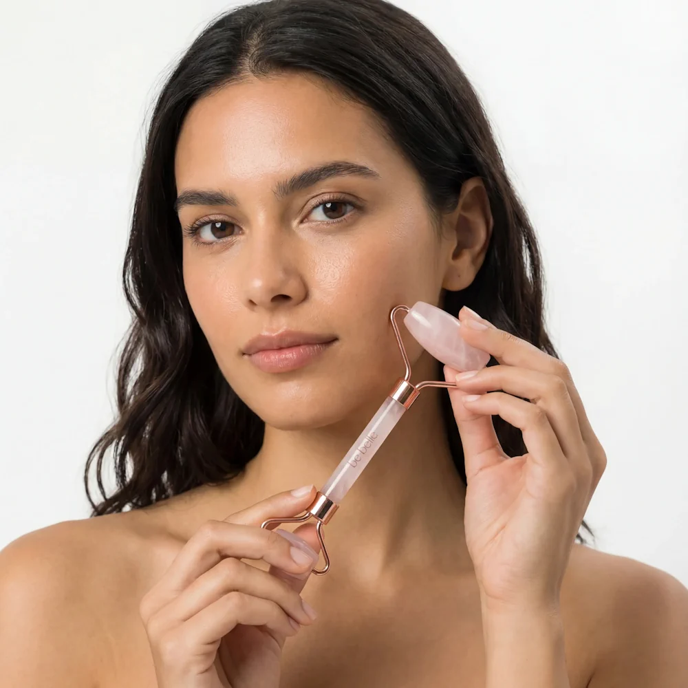 דוגמנית משתמשת ברולר פנים מרוז קוורץ של Bebelle