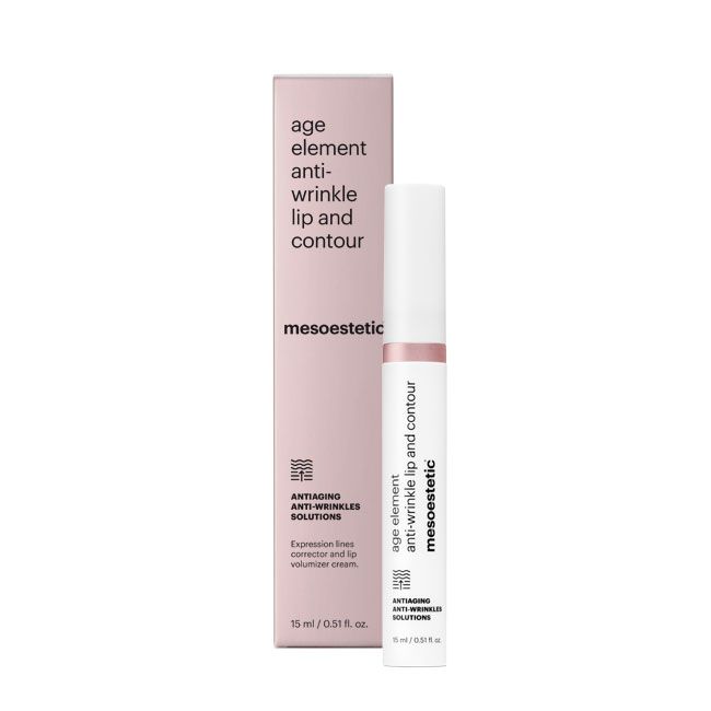 קרם age element® anti-wrinkle lip and contour של mesoestetic לצד אריזת המוצר