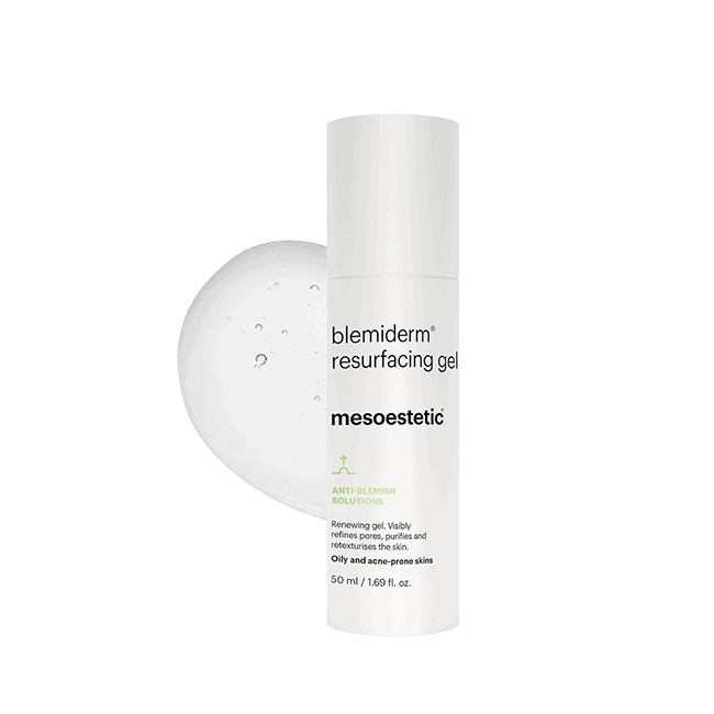 blemiderm® resurfacing gel של mesoestetic - שפופרת הג׳ל לצד מרקם המוצר