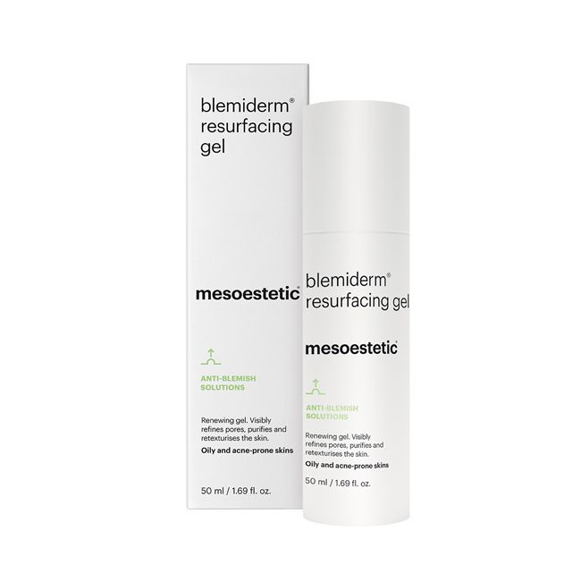 blemiderm® resurfacing gel של mesoestetic - הג׳ל לצד אריזת המוצר