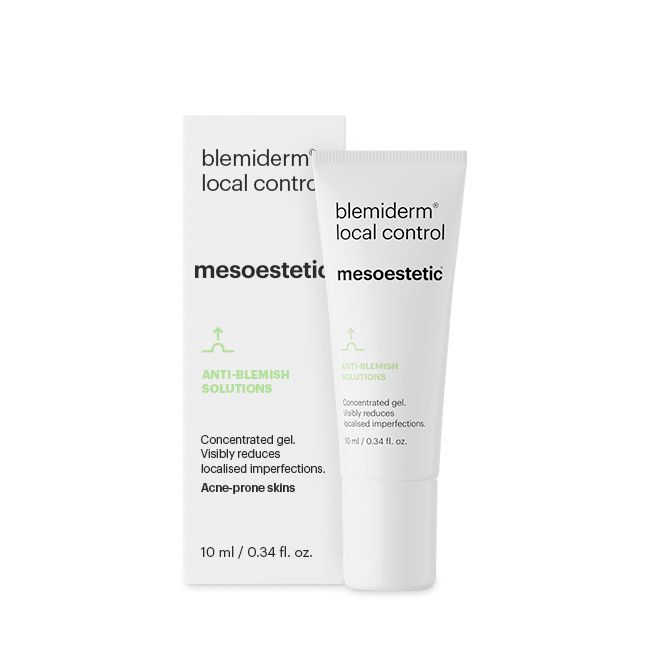 ג׳ל blemiderm® local control של mesoestetic לצד אריזת המוצר