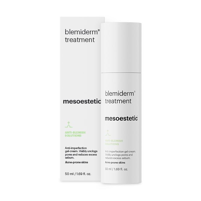 קרם-ג׳ל blemiderm® treatment של mesoestetic לצד אריזת המוצר