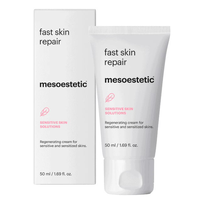 fast skin repair של mesoestetic - שפופרת הקרם המשקם לצד אריזת המוצר