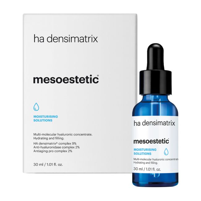 ha densimatrix של mesoestetic - בקבוק הסרום לצד אריזת המוצר