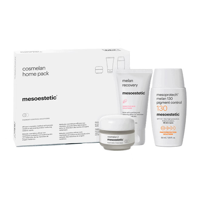 ערכת cosmelan® home pack של mesoestetic עם שלושת מוצרי ההמשך הביתיים
