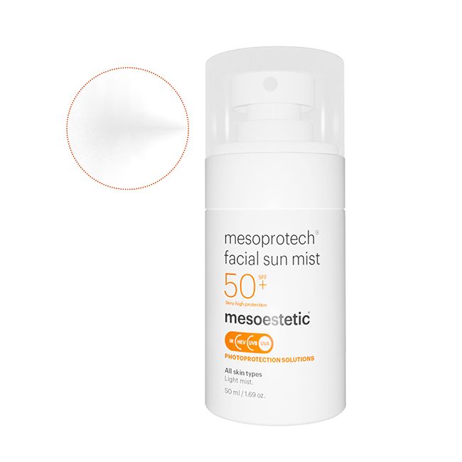 mesoprotech® facial sun mist של mesoestetic - ספריי ההגנה SPF50+ לצד מרקם המוצר