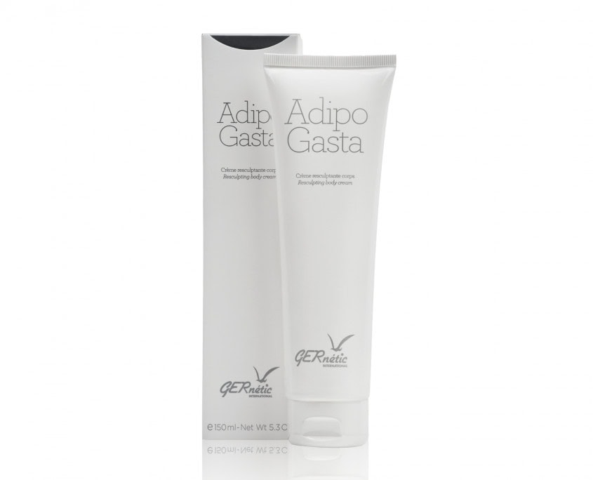 Adipo Gasta - קרם גוף לטיפוח מראה קווי המתאר; שפופרת אדיפו גסטה וקופסת המוצר בנפח 150 מ״ל בצילום חזיתי