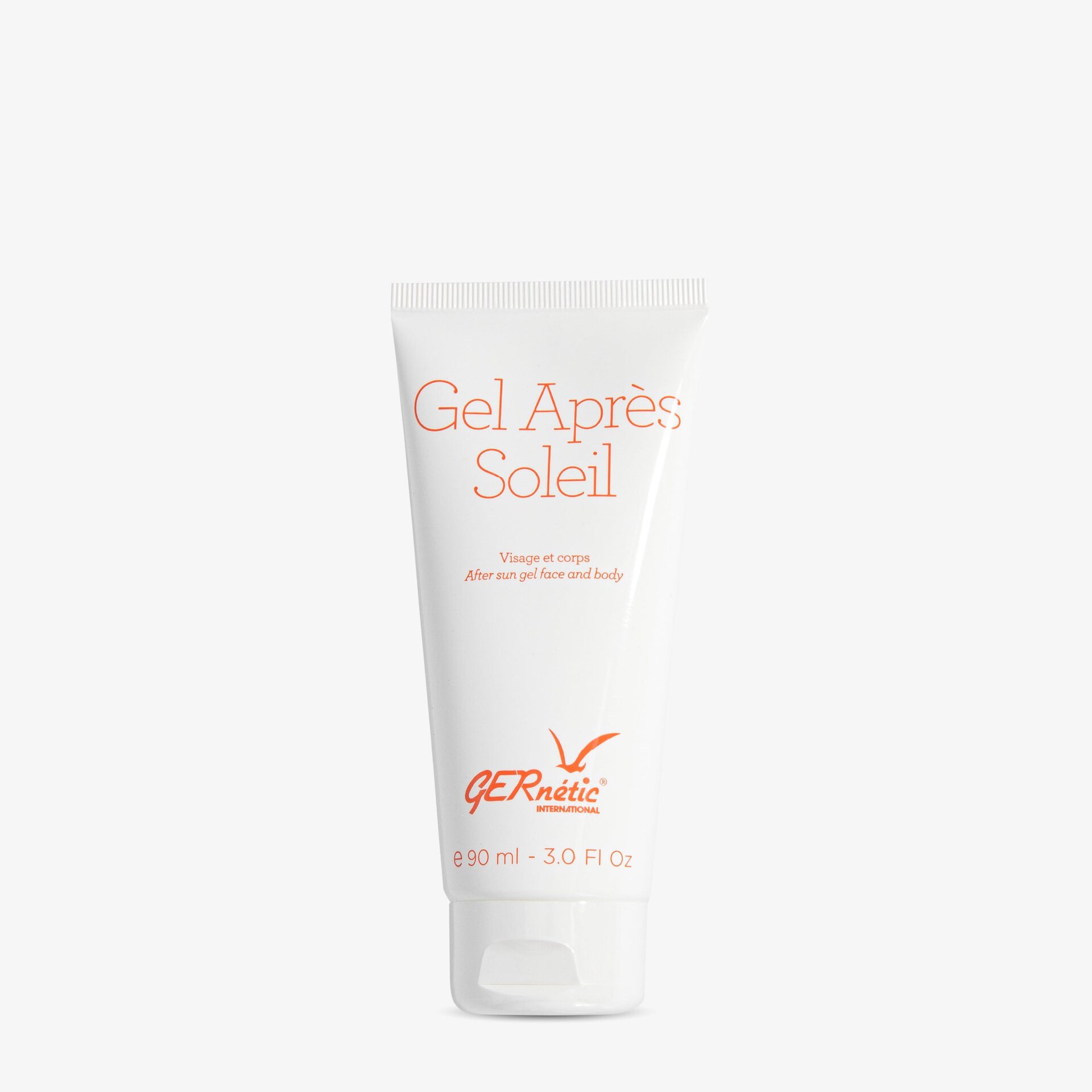 Gel Après Soleil - ג׳ל מרענן לפנים ולגוף לאחר שמש; שפופרת לבנה של ג׳ל לאחר שמש בנפח 90 מ״ל על רקע בהיר