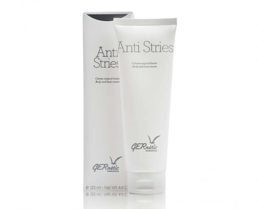 Anti-Stries - קרם ג׳ל לטיפוח מראה סימני מתיחה; שפופרת אנטי סטריי לצד קופסת המוצר בנפח 125 מ״ל