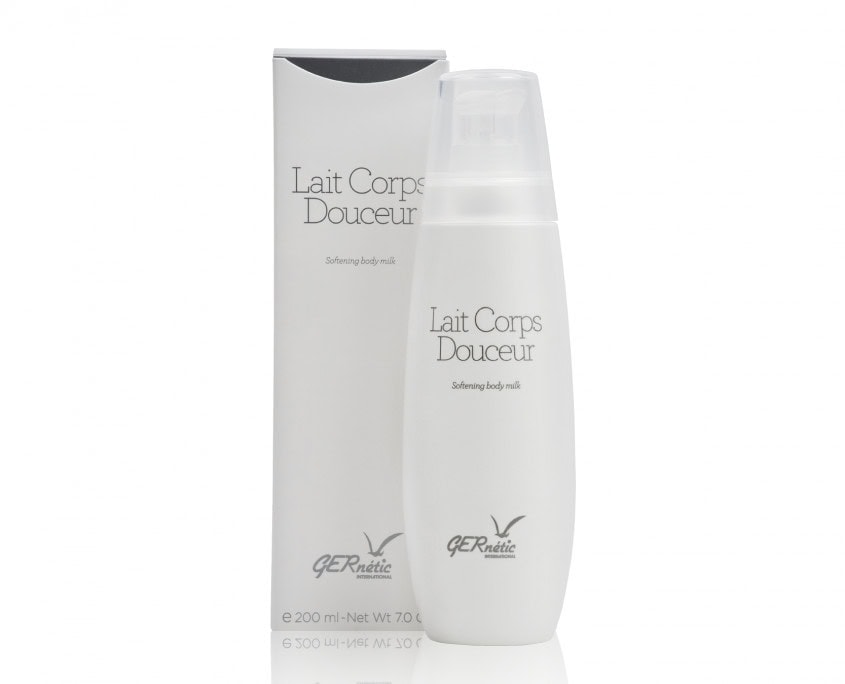 Lait Corps Douceur של GERnétic – בקבוק חלב הגוף לצד קופסת המוצר, 200 מ״ל