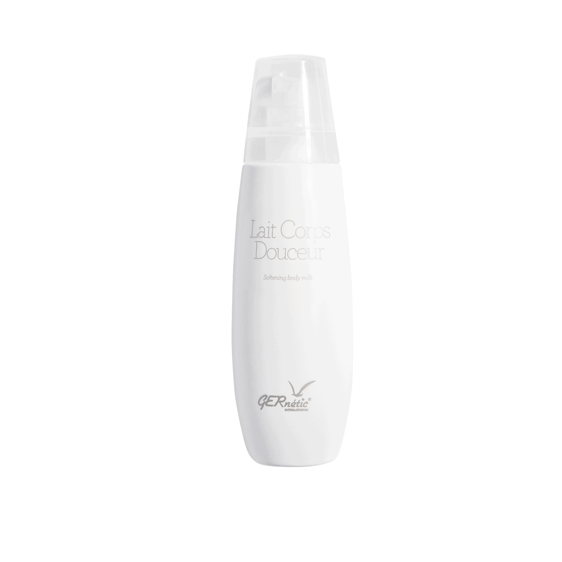 Lait Corps Douceur של GERnétic – בקבוק חלב הגוף הלבן עם מכסה שקוף על רקע נקי