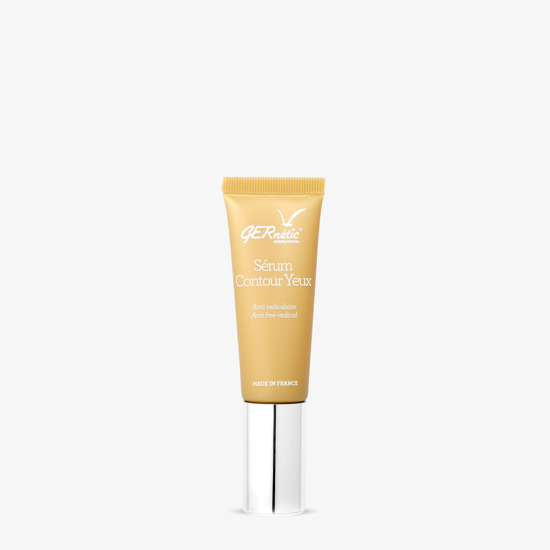 Gel Contour Yeux של GERnétic - שפופרת זהובה של Sérum Contour Yeux עם פקק כסוף על רקע לבן