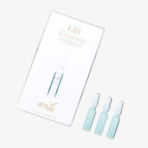 Lift Express של GERnétic - אריזת המוצר הלבנה לצד שלוש אמפולות בגוון טורקיז