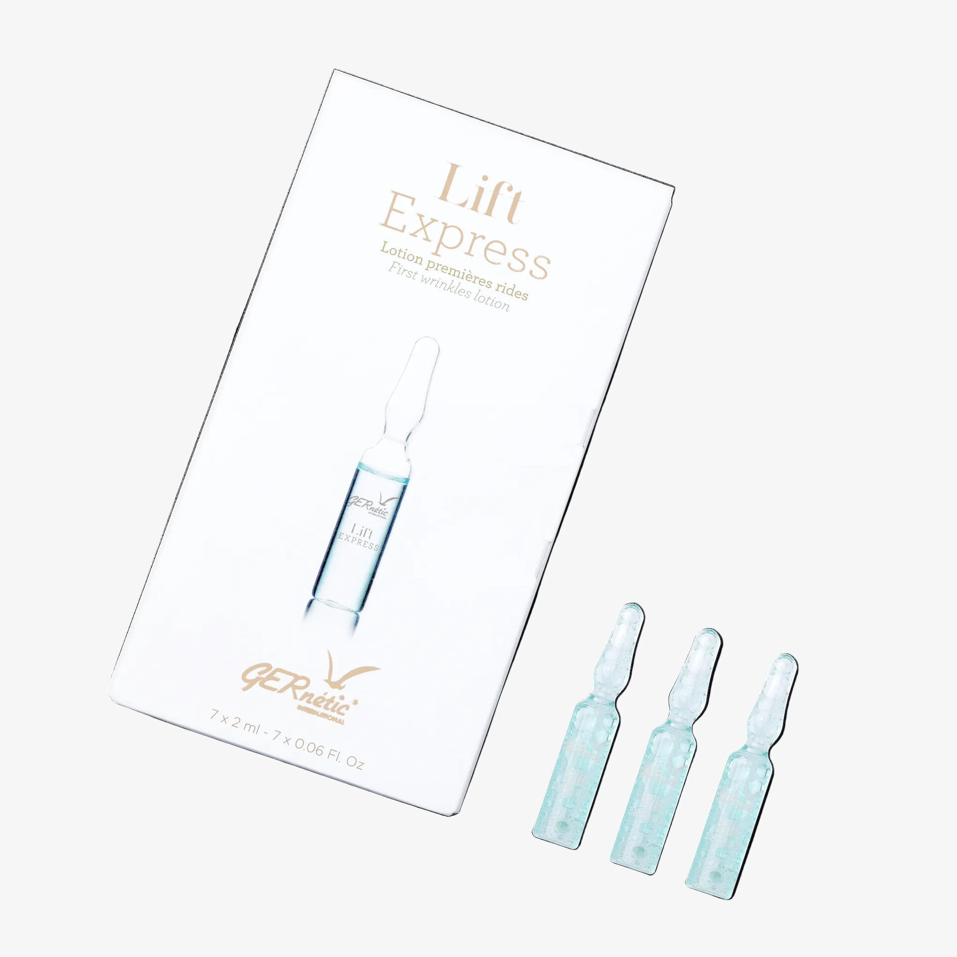 Lift Express של GERnétic - אריזת המוצר הלבנה לצד שלוש אמפולות בגוון טורקיז