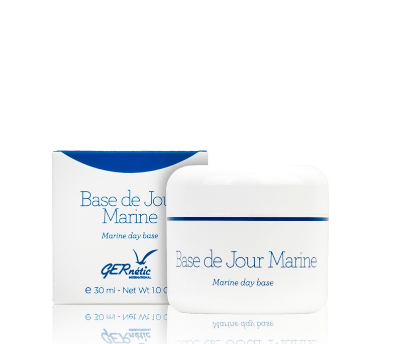 Base de Jour Marine - קרם יום ובסיס לאיפור לפנים; צנצנת בסיס יום מארין לצד קופסת המוצר המסומנת 30 מ״ל