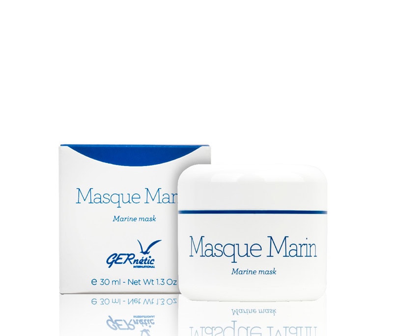 Masque Marin - מסכת קרם לפנים לטיפוח עור יבש; צנצנת מסכת מארין לצד קופסת המוצר המסומנת 30 מ״ל
