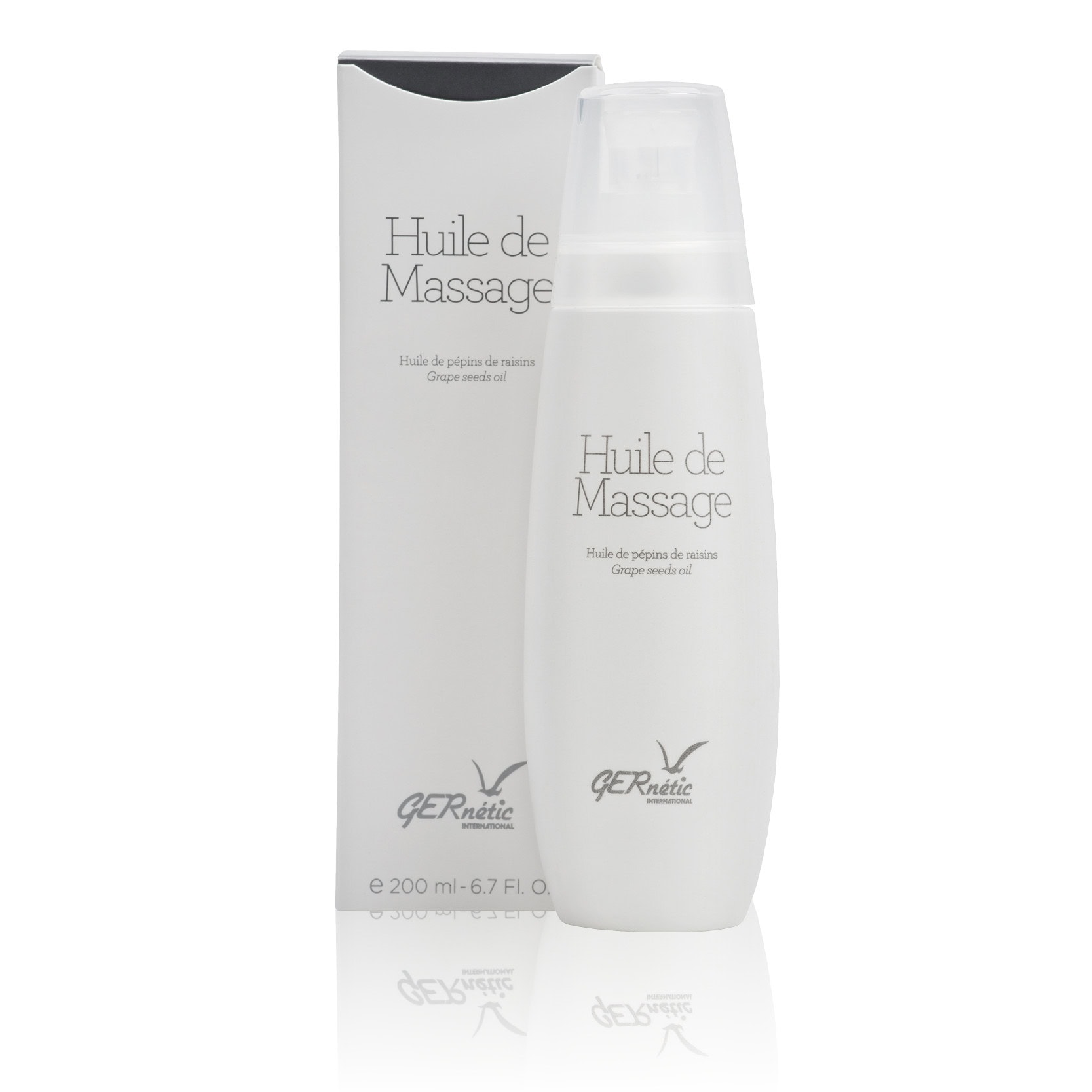 Huile de Massage - שמן לעיסוי הגוף ולריכוך העור; בקבוק שמן העיסוי לצד קופסת המוצר בנפח 200 מ״ל