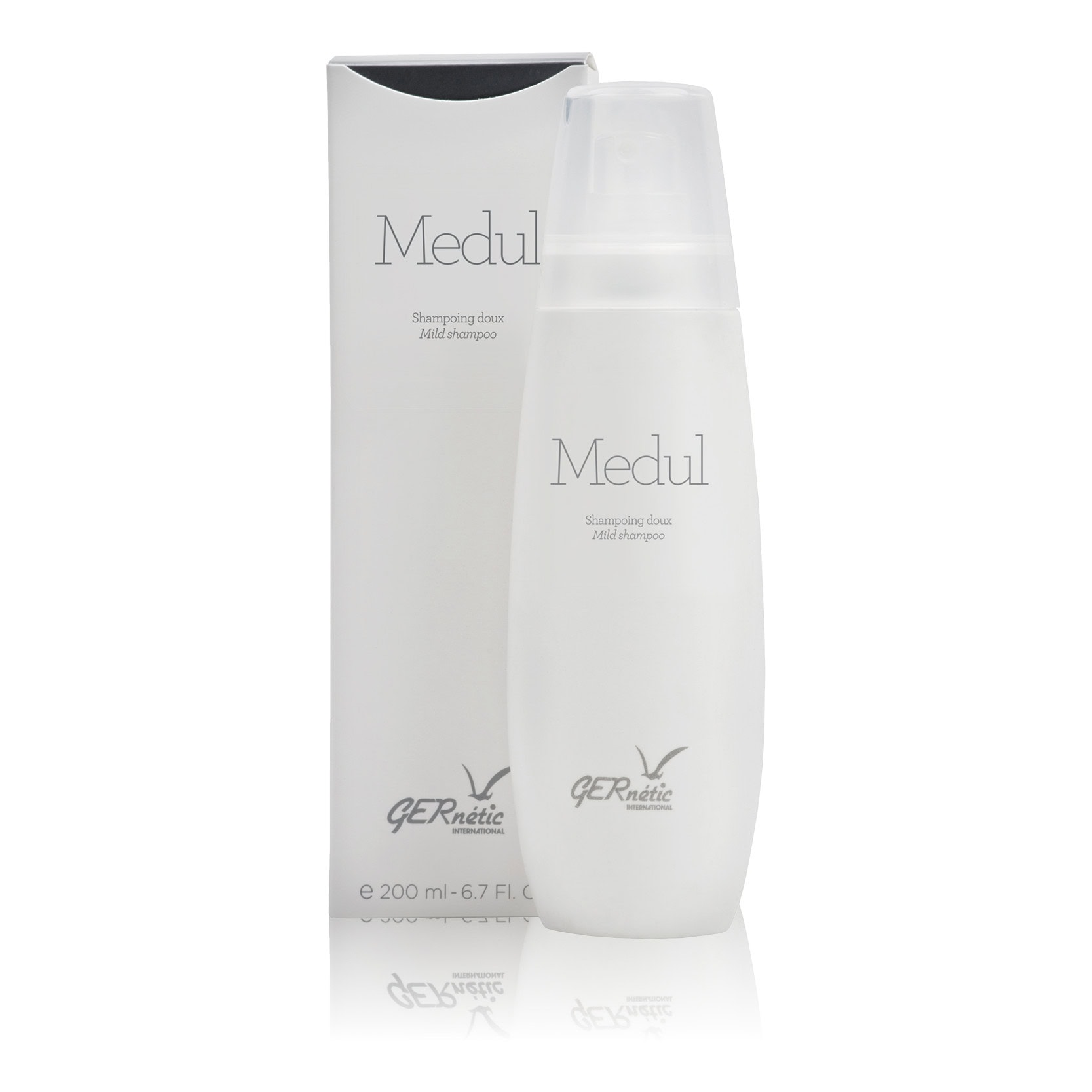 Medul של GERnétic - בקבוק שמפו מדול לצד קופסת המוצר בנפח 200 מ״ל