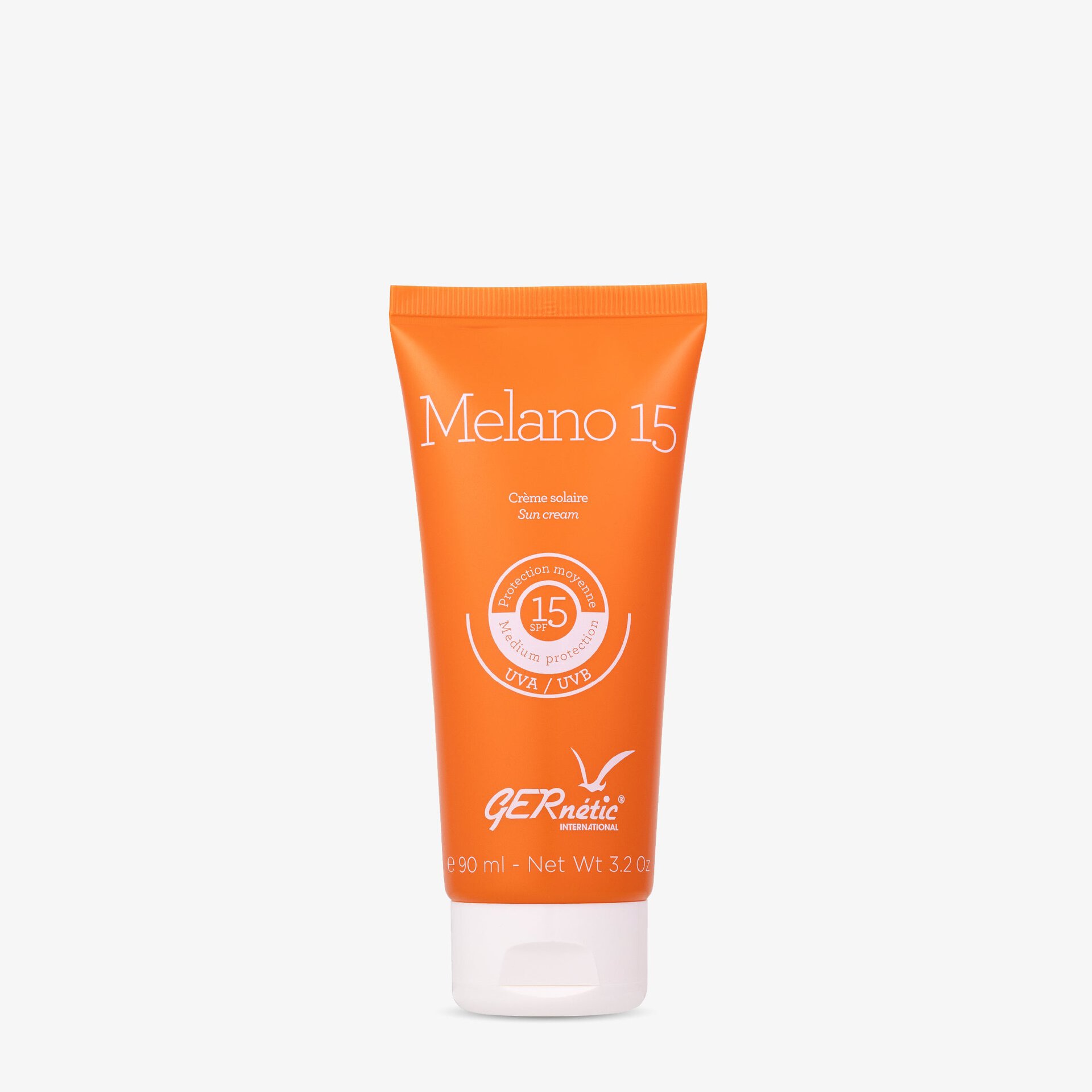 Melano 15 - קרם הגנה לפנים ולגוף SPF 15; שפופרת כתומה של קרם מלאנו 15, מסומנת SPF 15 ונפח 90 מ״ל
