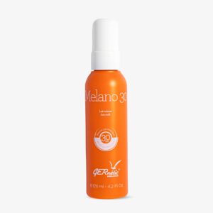 Melano 30 - תחליב הגנה לפנים ולגוף SPF 30; בקבוק כתום של תחליב מלאנו 30, מסומן SPF 30 ונפח 125 מ״ל