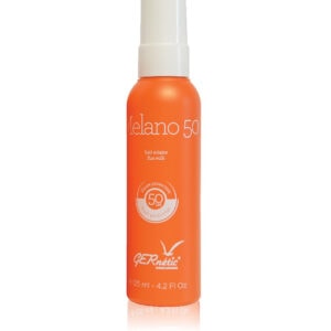 Melano 50 - תחליב הגנה לפנים ולגוף SPF 50; בקבוק ספריי כתום של מלאנו 50, מסומן SPF 50 ונפח 125 מ״ל