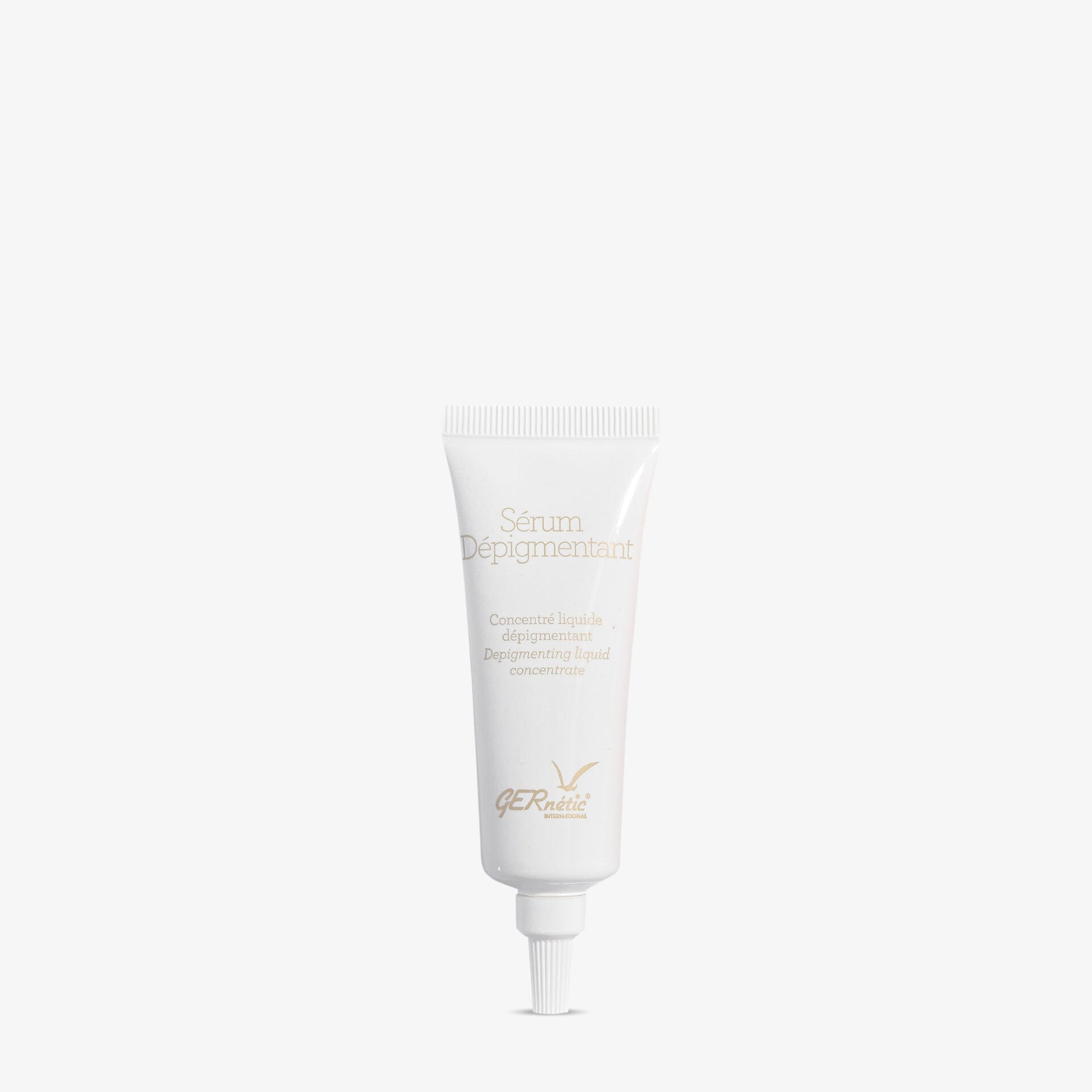 Sérum Dépigmentant של GERnétic - שפופרת הסרום הלבנה עם פייה צרה על רקע בהיר