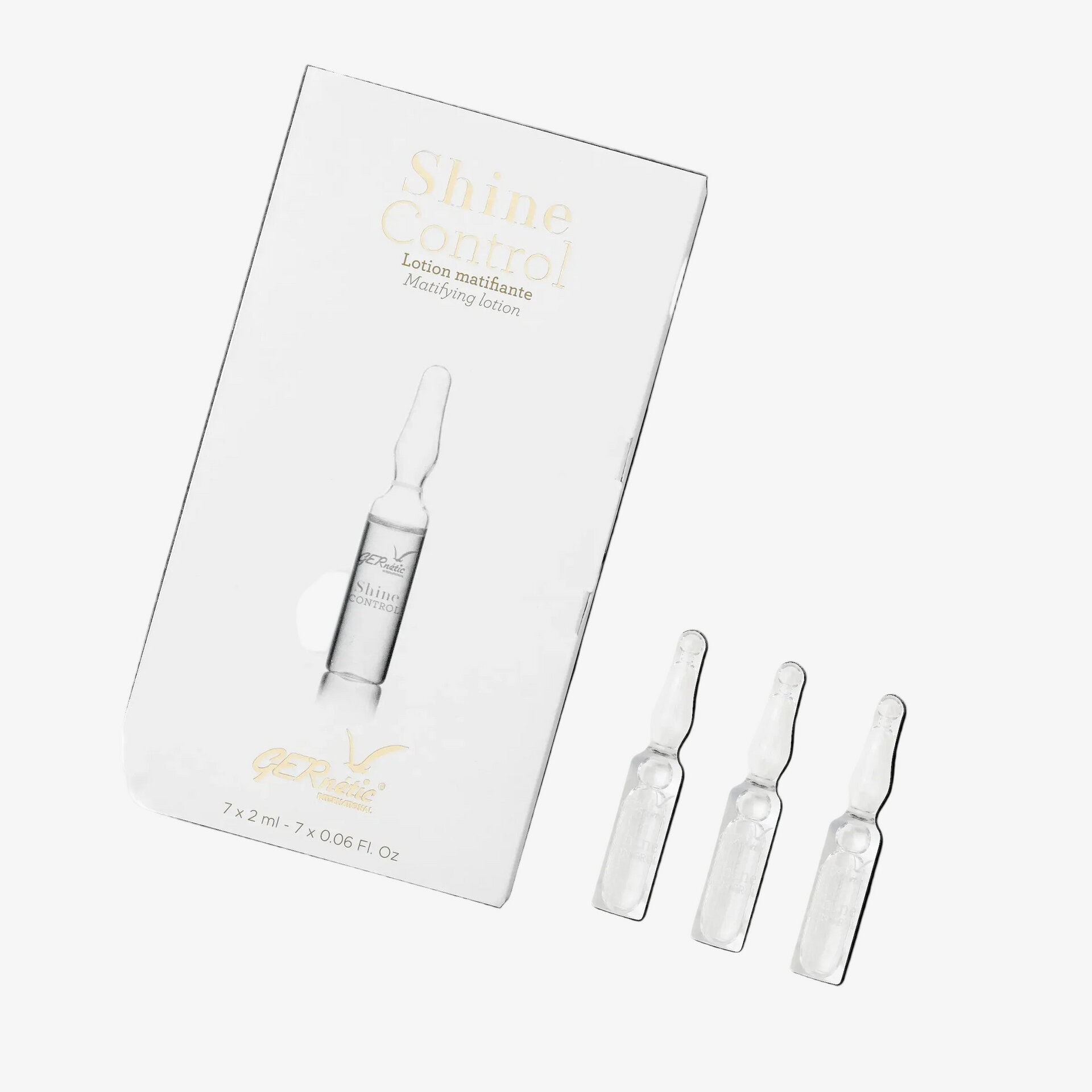 Shine Control של GERnétic - אריזת המוצר הלבנה לצד שלוש אמפולות שקופות