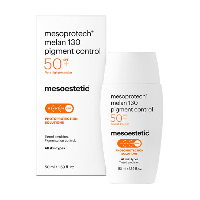 mesoprotech® melan 130 pigment control של mesoestetic - קרם ההגנה לצד אריזת המוצר