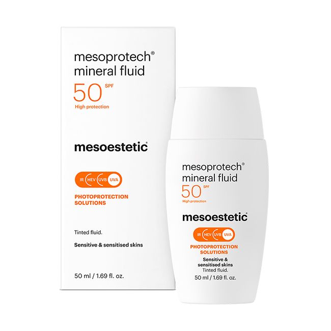 mesoprotech® mineral fluid של mesoestetic - קרם ההגנה המינרלי לצד אריזת המוצר
