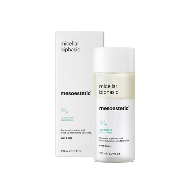 micellar biphasic של mesoestetic - בקבוק מסיר האיפור הדו-פאזי לעיניים ולשפתיים
