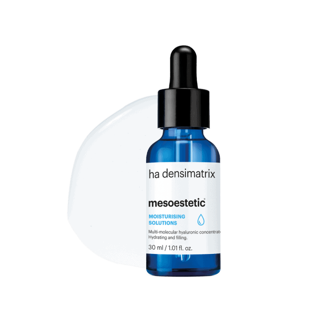 ha densimatrix של mesoestetic - בקבוק סרום החומצה ההיאלורונית לצד מרקם המוצר