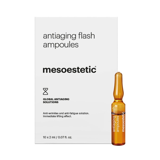 antiaging flash ampoules של mesoestetic - מארז אמפולות הטיפול לצד האמפולה