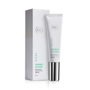 HL DOUBLE ACTION BB Cream SPF 30 – קרם BB לעור שמן – שפופרת לבנה עם מכסה כסוף לצד קופסה לבנה; כיתוב ירוק DOUBLE ACTION BB CREAM FOR OILY SKIN SPF 30, 30 מ״ל.