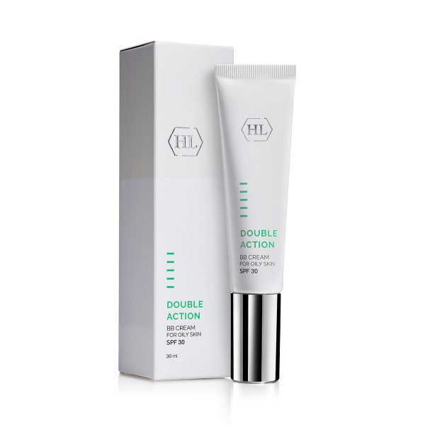 HL DOUBLE ACTION BB Cream SPF 30 – קרם BB לעור שמן – שפופרת לבנה עם מכסה כסוף לצד קופסה לבנה; כיתוב ירוק DOUBLE ACTION BB CREAM FOR OILY SKIN SPF 30, 30 מ״ל.