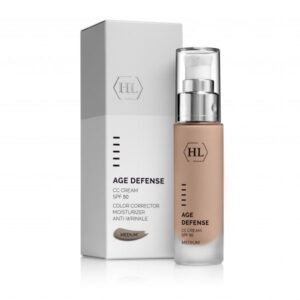 HL AGE DEFENSE CC Cream SPF 50 Medium – קרם CC בגוון מדיום, בקבוק משאבה בגוון בז׳ עם מכסה שקוף לצד קופסה לבנה