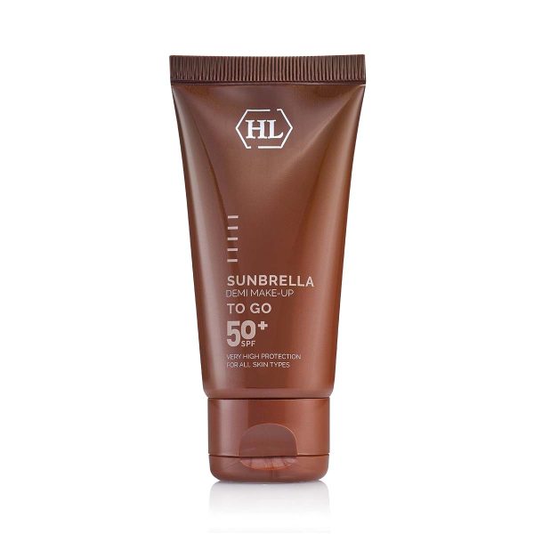 HL SUNBRELLA Demi Make-Up SPF 50+ – קרם הגנה עם גוון 50 מ״ל – שפופרת חומה עם מכסה חום; הכיתוב SUNBRELLA DEMI MAKE-UP TO GO SPF 50+, נפח 50 מ״ל.