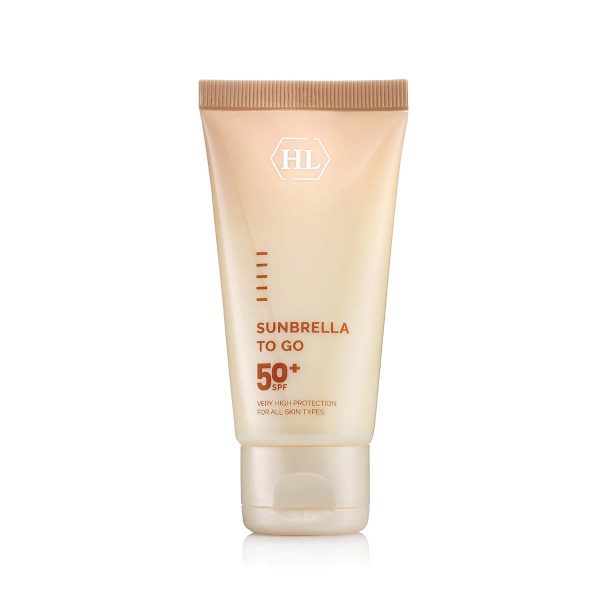 HL SUNBRELLA SPF 50+ – קרם הגנה לפנים ללא גוון 50 מ״ל – שפופרת בהירה בגוון שמנת, מכסה שקוף, סימון SUNBRELLA TO GO SPF 50+; נפח 50 מ״ל.
