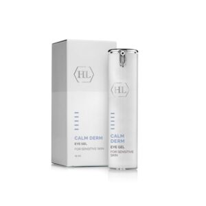 HL CALM DERM Eye Gel – ג׳ל עיניים לעור רגיש – בקבוק לבן צר עם חלק עליון כסוף לצד קופסה לבנה; כיתוב CALM DERM EYE GEL FOR SENSITIVE SKIN, 15 מ״ל.