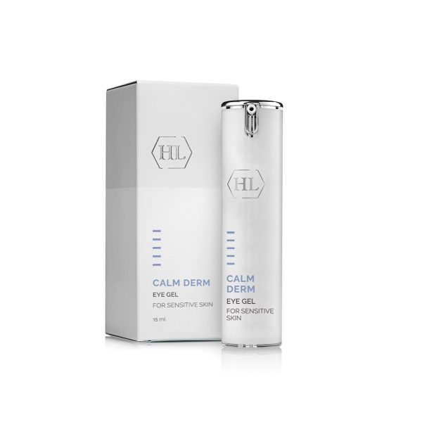 HL CALM DERM Eye Gel – ג׳ל עיניים לעור רגיש – בקבוק לבן צר עם חלק עליון כסוף לצד קופסה לבנה; כיתוב CALM DERM EYE GEL FOR SENSITIVE SKIN, 15 מ״ל.