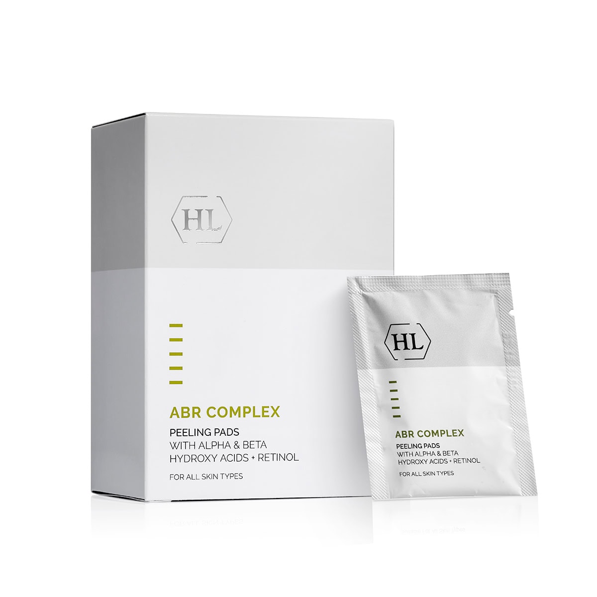 רטיות פילינג Peeling Pads של HL ABR Complex, קופסה לבנה לצד שקיק כסוף