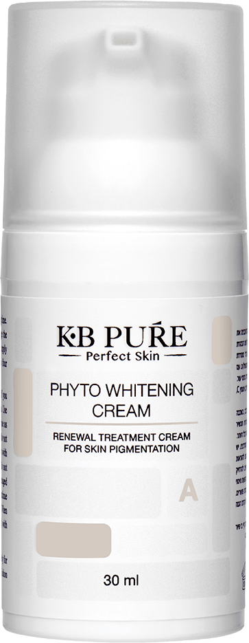 פיטו קרם הבהרה של קובי ברוך KB PURE - בקבוק משאבה לבן עם השם PHYTO WHITENING CREAM וסימון 30 מ״ל
