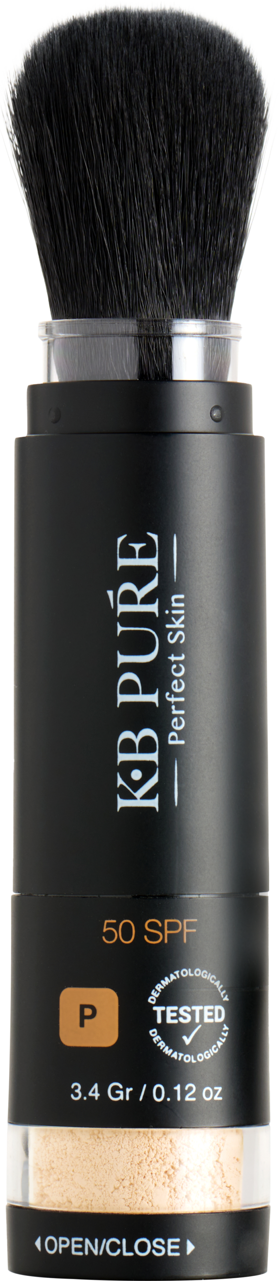 פופו פאודר של קובי ברוך KB PURE - מכל האבקה השחור כשהמברשת פתוחה ונראית בחלקו העליון