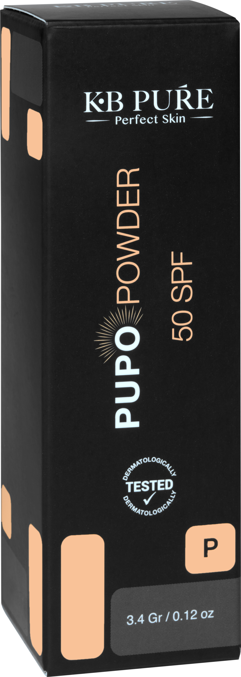 פופו פאודר של קובי ברוך KB PURE - קופסת האבקה השחורה עם כיתוב זהוב וסימון 3.4 גרם