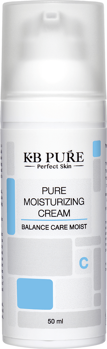 פיור קרם לחות מאזן של קובי ברוך KB PURE - בקבוק פיור קרם לבן עם סימונים כחולים וסימון 50 מ״ל
