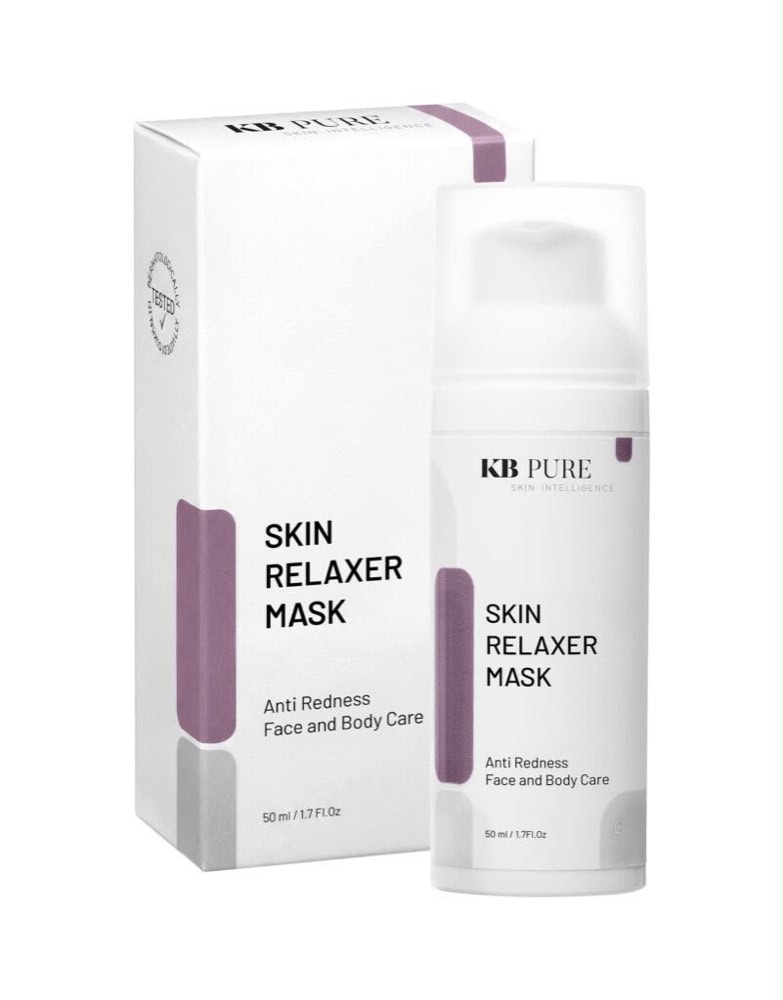 Skin Relaxer Mask - רילקסר מאסק, בקבוק משאבה לבן לצד קופסה עם עיטורים סגולים